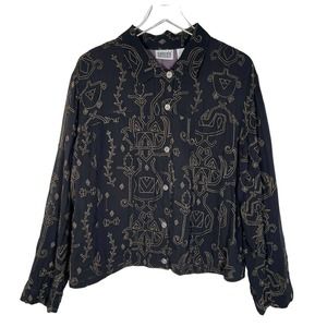 Chico's Design Women's Embroidered Button Up Shirt 2 / L  Black Long Sleeve EUC!